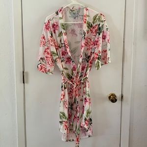 Show Me Your Mumu white wrap robe with bright pink floral design